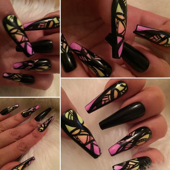 Neon yellow/orange n pink tribal press on nails - Picture 1 of 9